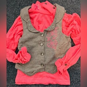 Marëse Pink Blouse with Gray Herringbone Vest